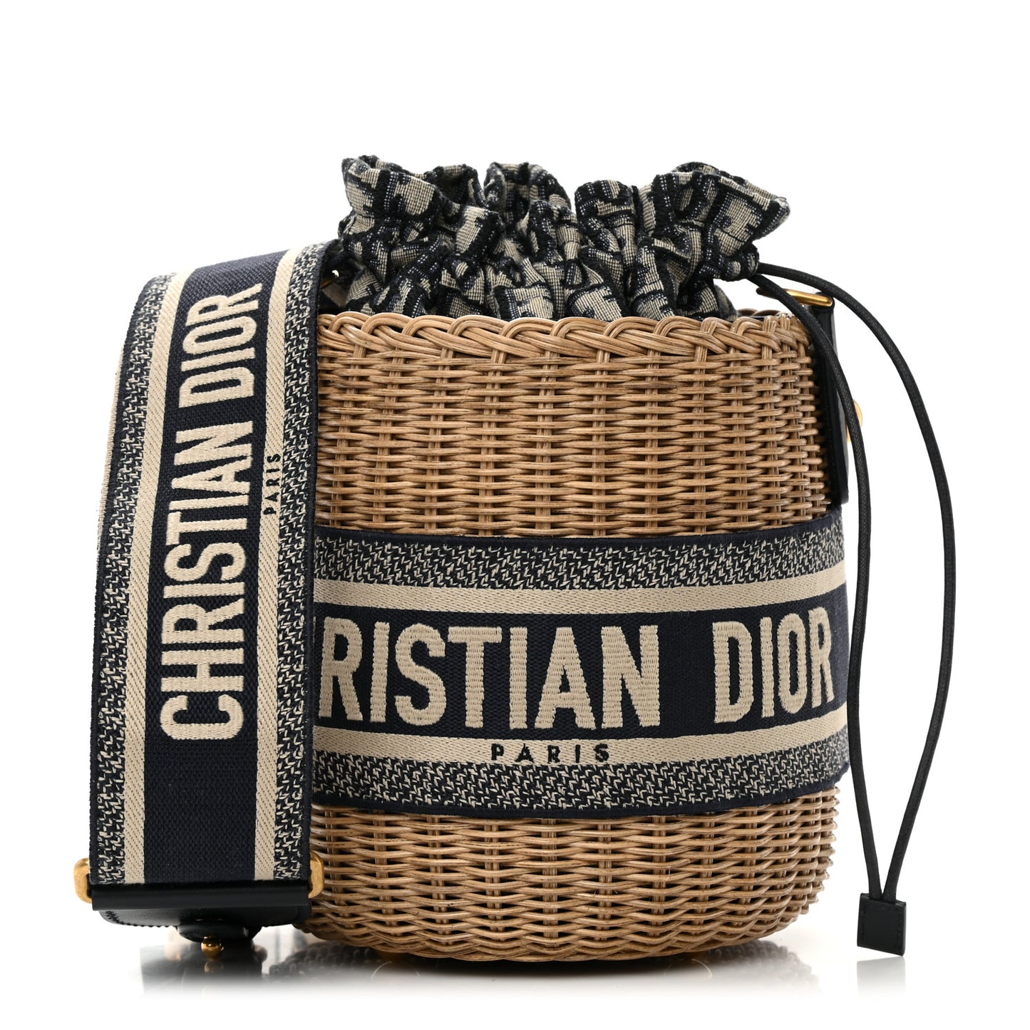 Wicker Oblique Drawstring Bucket Bag Blue
