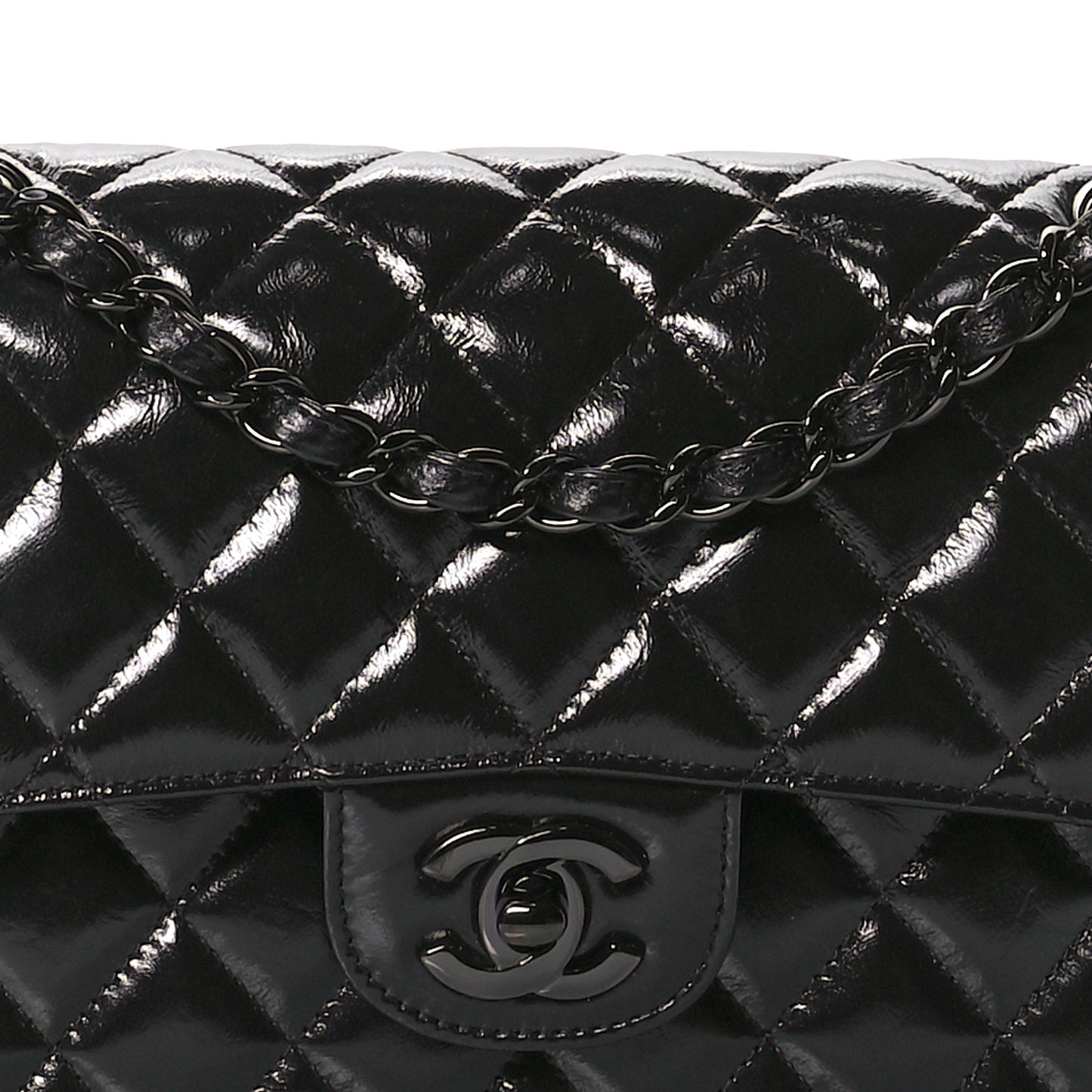 Shiny Crumpled Calfskin Quilted Small Double Flap So Black
