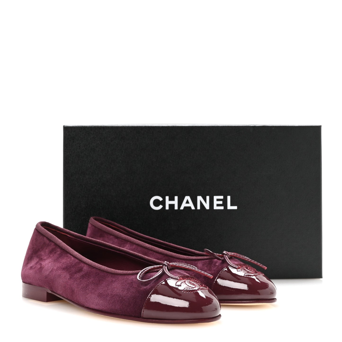 Suede Patent Calfskin Cap Toe CC Ballerina Flats 37 Burgundy