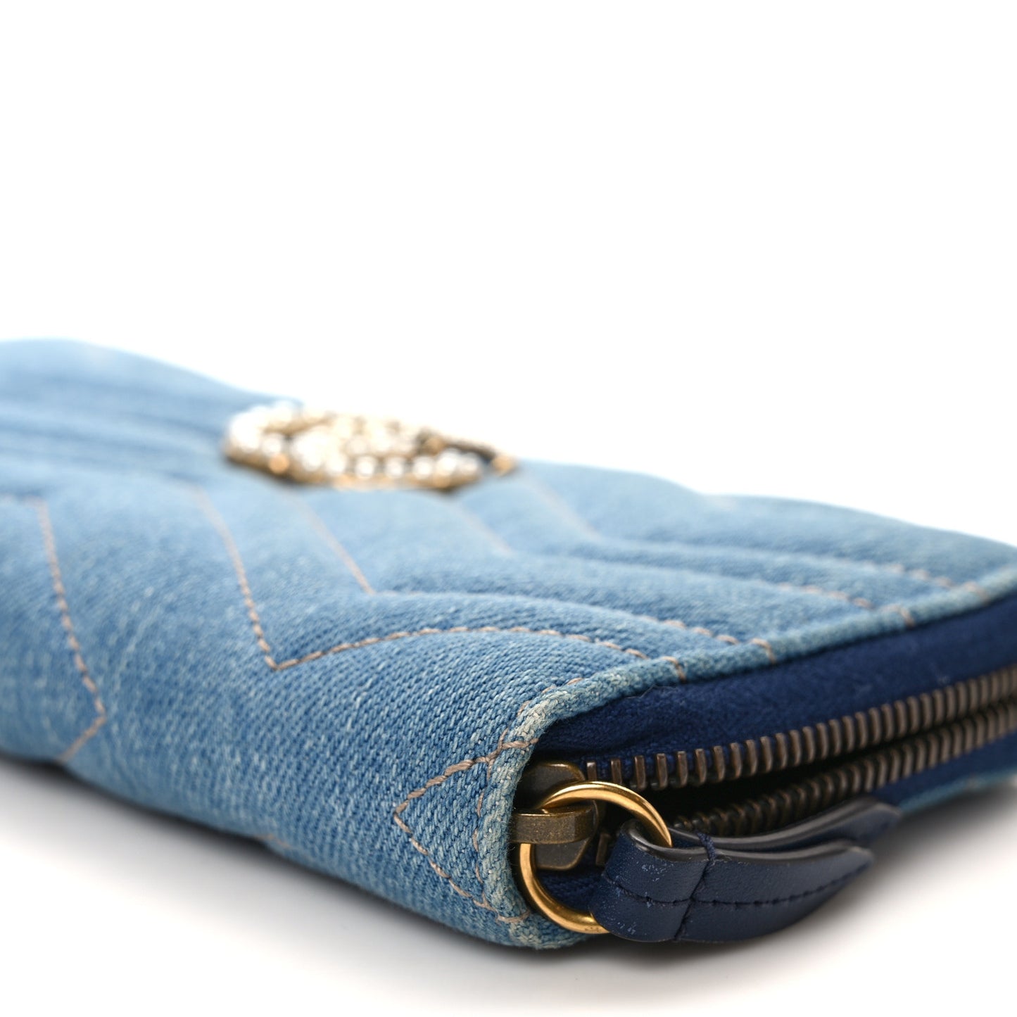 Denim Matelasse Pearly GG Marmont Zip Around Wallet Blue