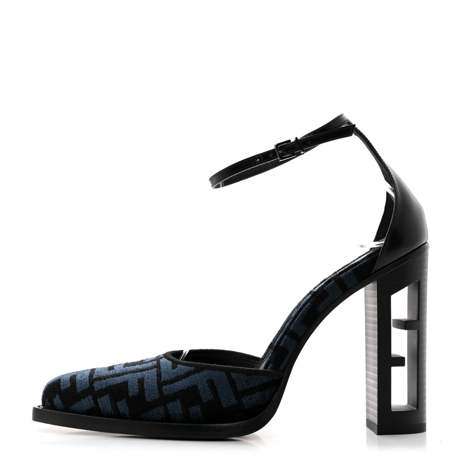 Fendi Chenille Jacquard FF Cut Baguette Ankle Strap 105mm Pumps 38 Black Blue 1 of 8