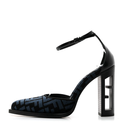 Fendi Chenille Jacquard FF Cut Baguette Ankle Strap 105mm Pumps 38 Black Blue 1 of 8