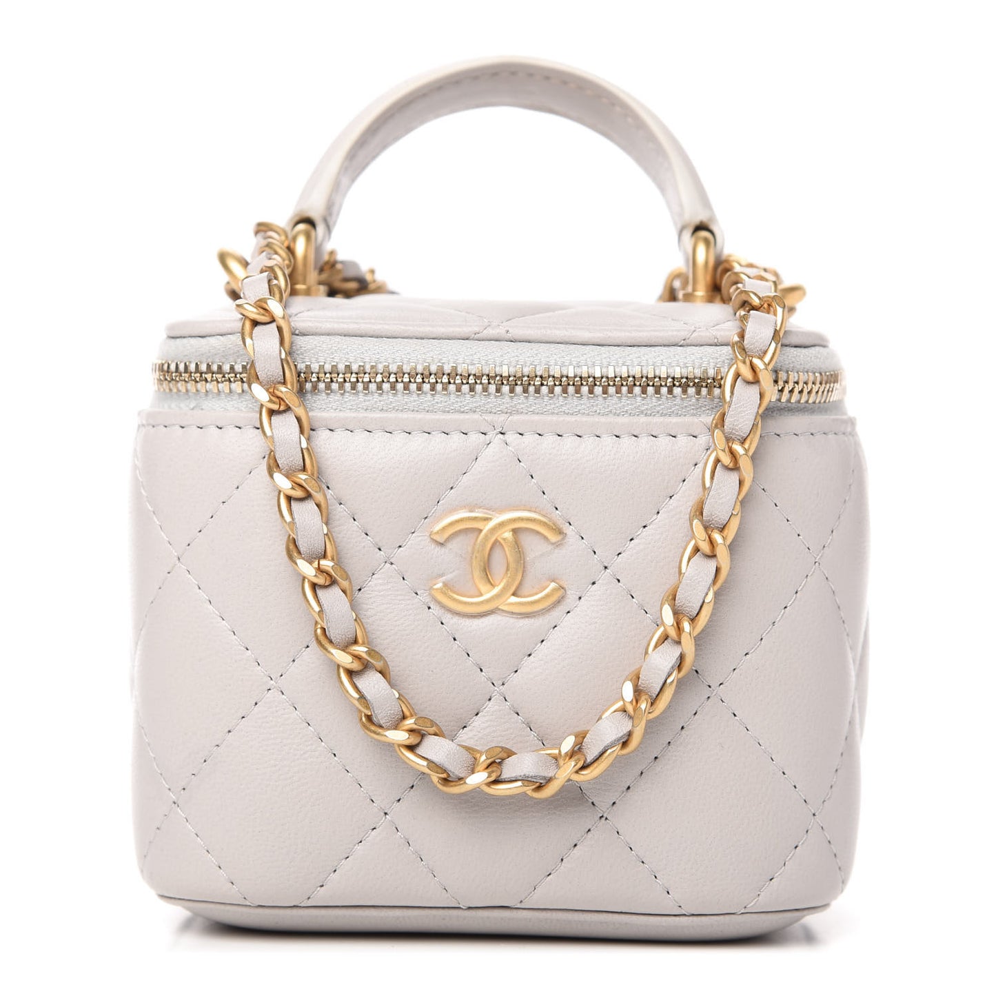 Lambskin Quilted Top Handle Mini Vanity Case With Chain Grey