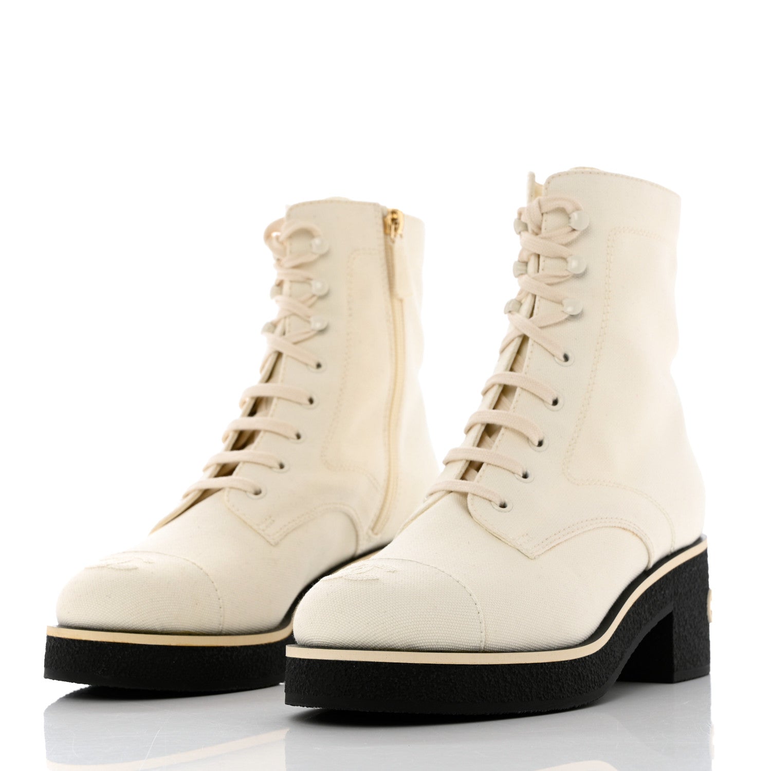 Chanel Fabric CC Lace Up Boots 39.5 White 3 of 9