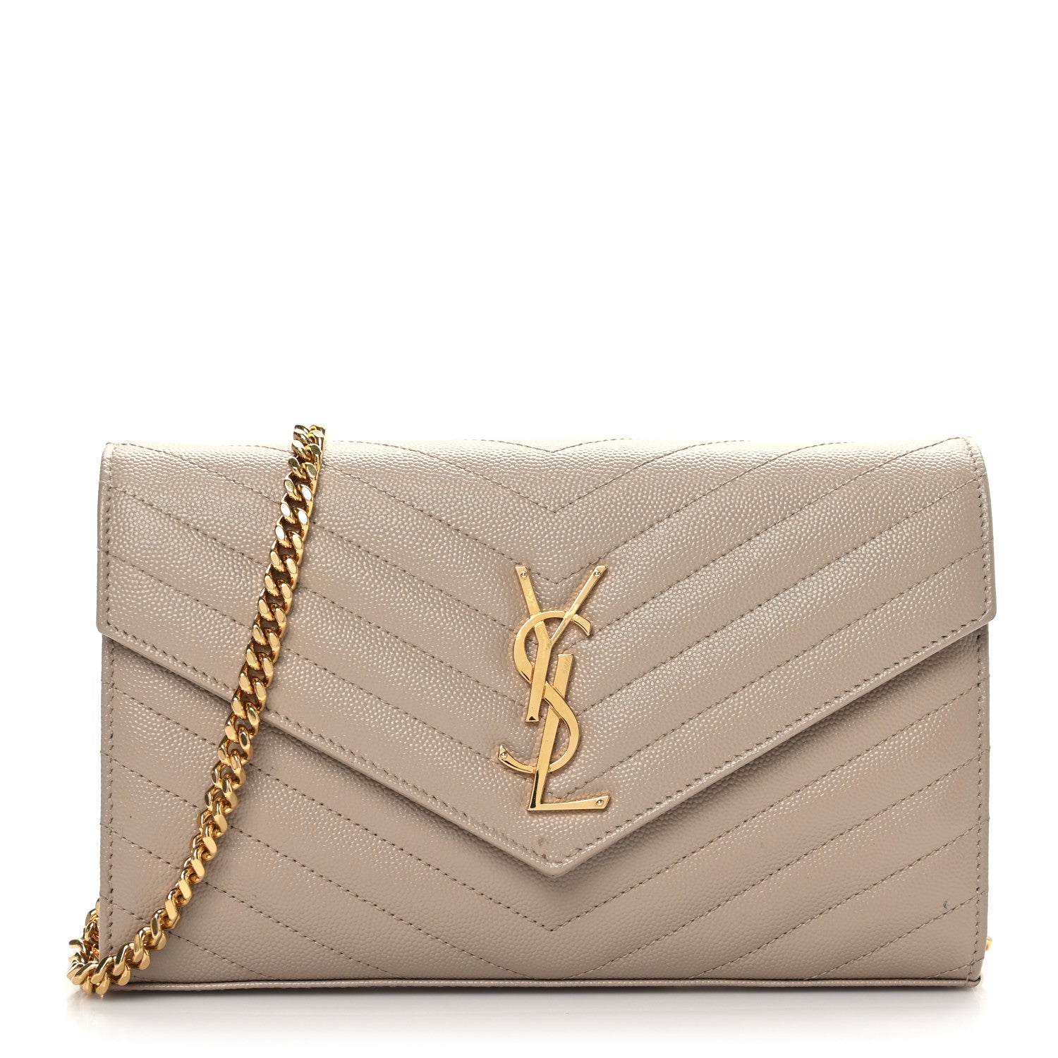 Saint Laurent Grain De Poudre Matelasse Chevron Monogram Chain Wallet Dark Beige 1 of 9