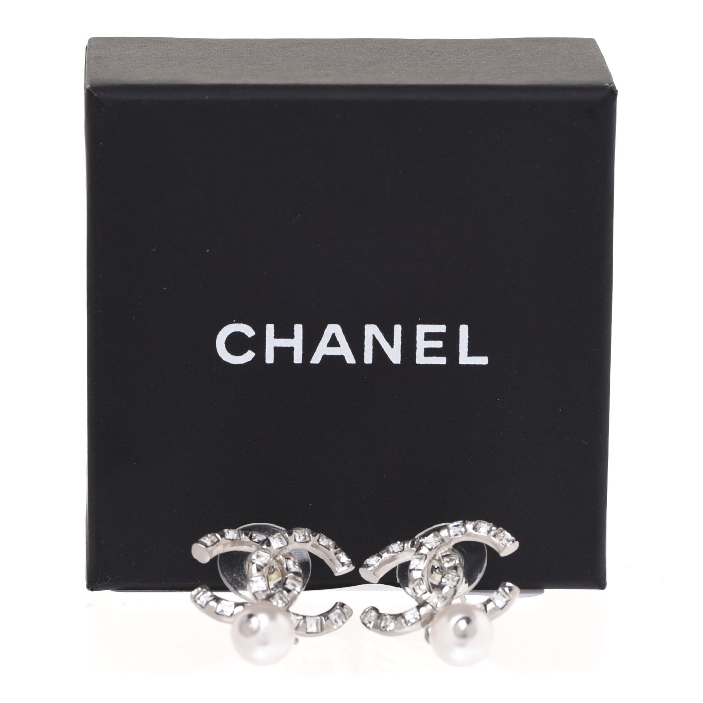 Crystal Baguette Pearl CC Drop Earrings Silver