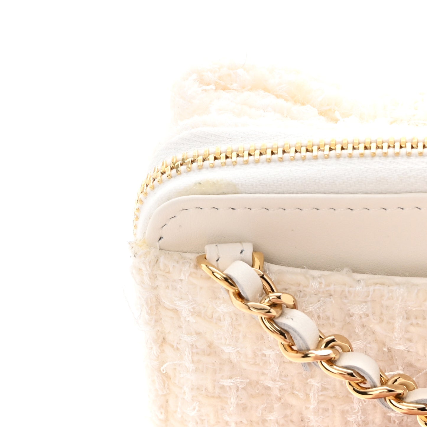 Tweed Quilted Bow Flap Card Holder On Chain White