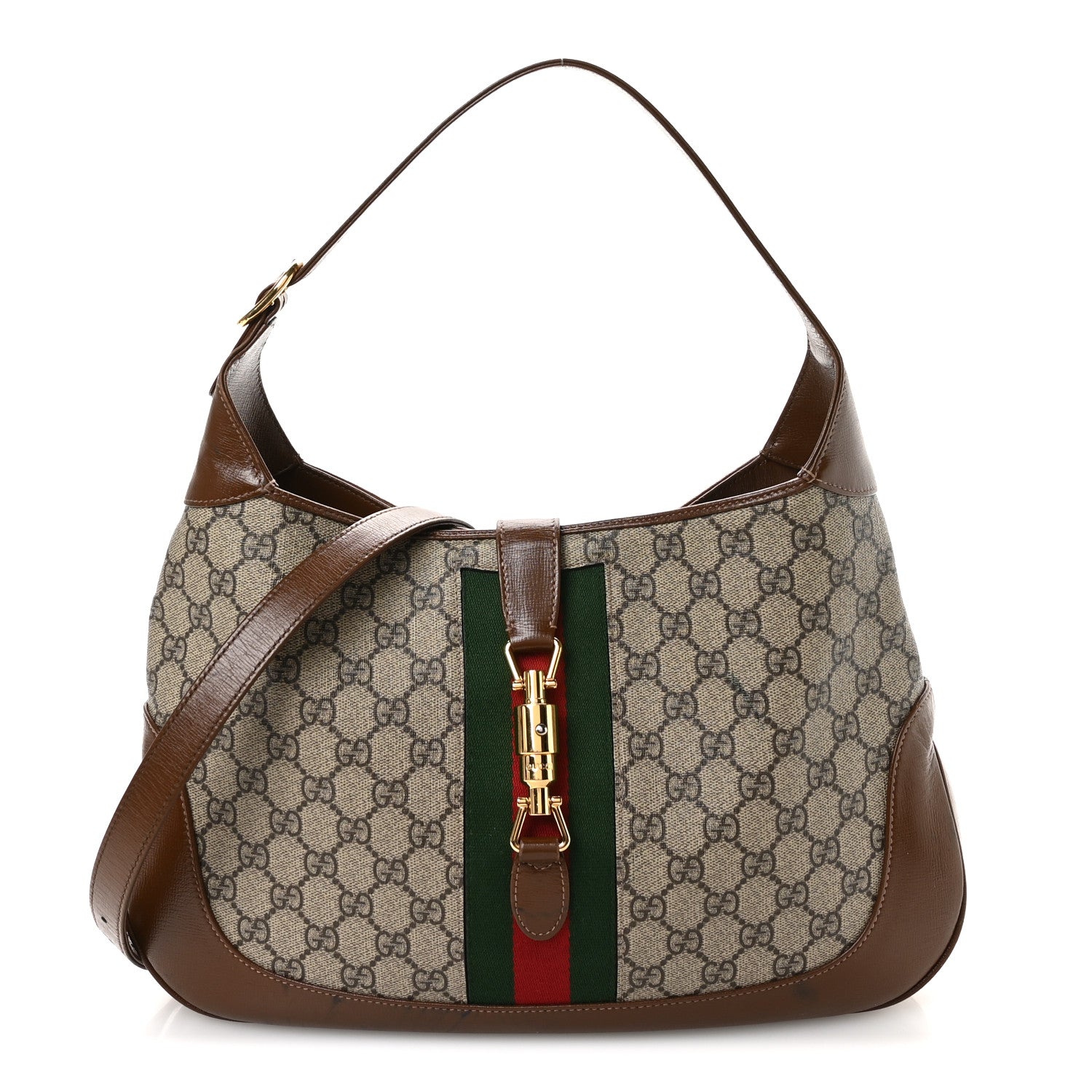Gucci GG Supreme Monogram Azalea Calfskin Web Medium Jackie 1961 Hobo Beige Ebony Brown Sugar 1 of 11
