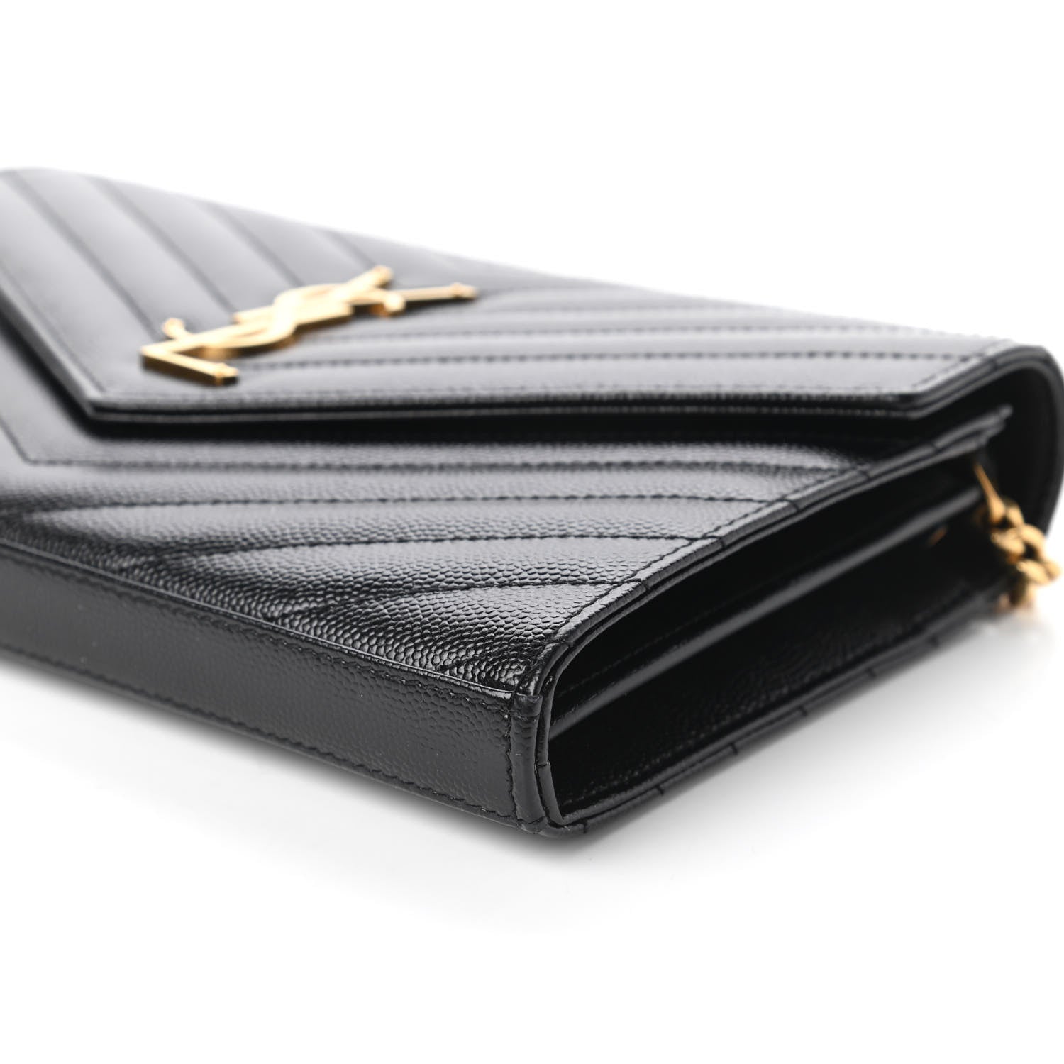 Saint Laurent Grain De Poudre Matelasse Chevron Monogram Chain Wallet Black 7 of 11