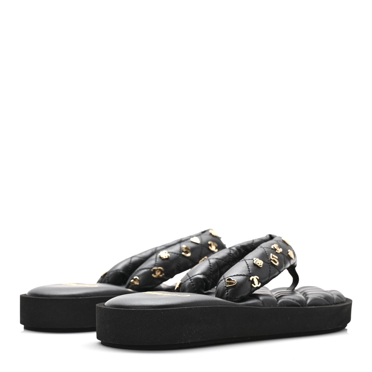 Chanel Lambskin Quilted Padded Charms Thong Sandals 37 Black 4 of 7