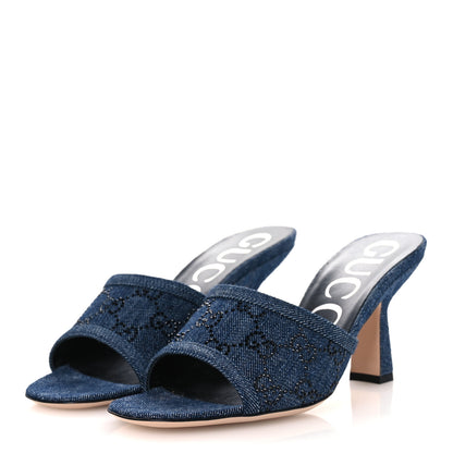 Gucci Denim Crystal GG Monogram Mules 37.5 Blue 4 of 11