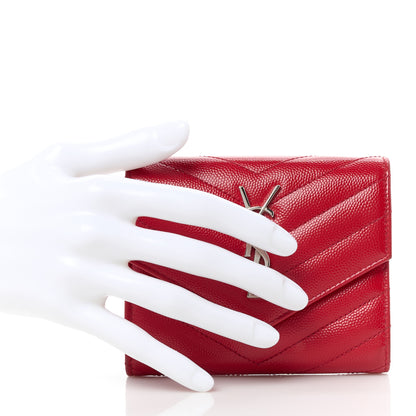 Saint Laurent Grain De Poudre Matelasse Chevron Monogram Compact Tri Fold Wallet Red 2 of 11