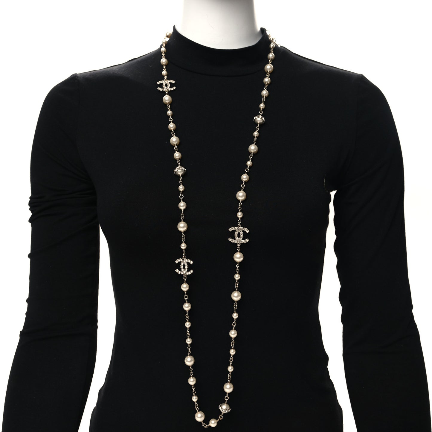 Crystal Pearl CC Long Necklace Silver