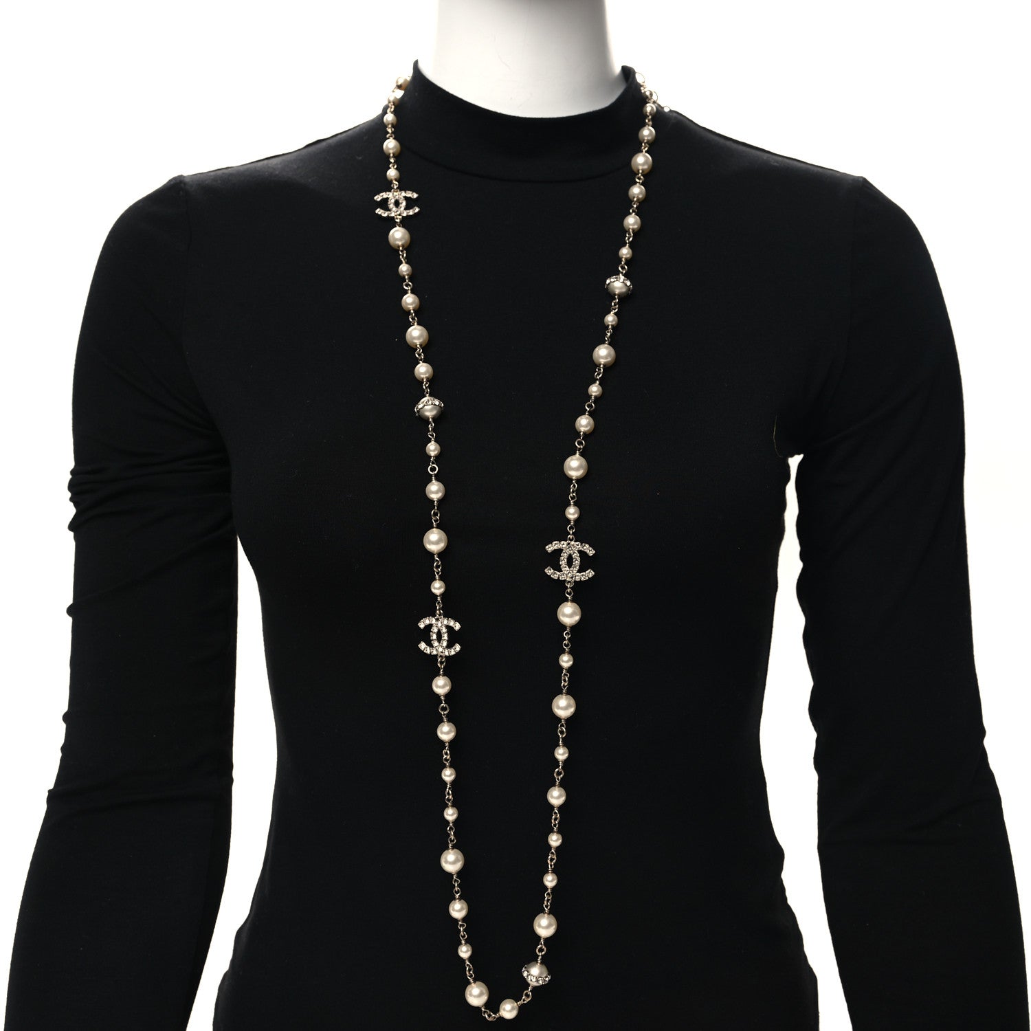 Chanel Crystal Pearl CC Long Necklace Silver 2 of 5
