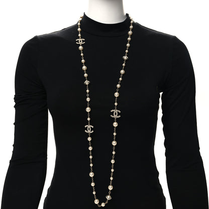 Chanel Crystal Pearl CC Long Necklace Silver 2 of 5