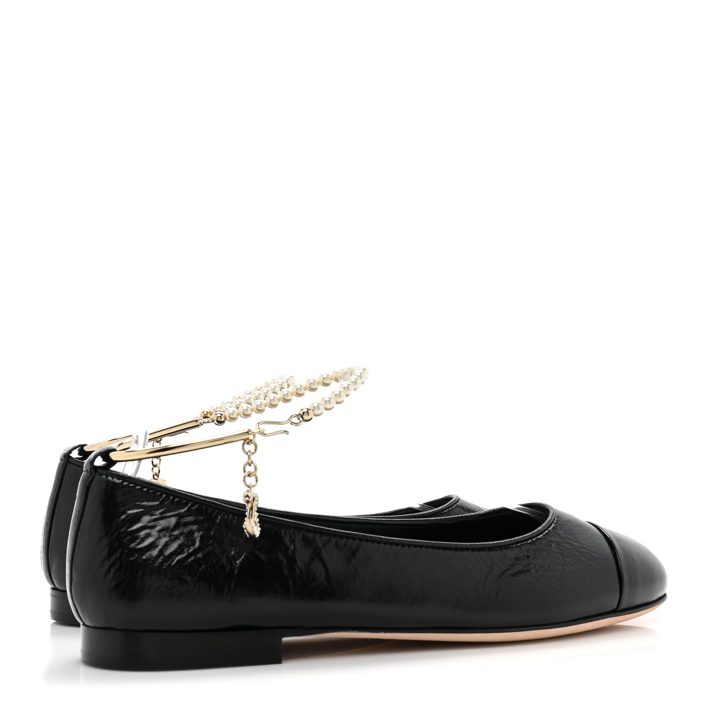 Lambskin Patent Calfskin Cap Toe Ankle Chain Ballerina Flats 39 Black