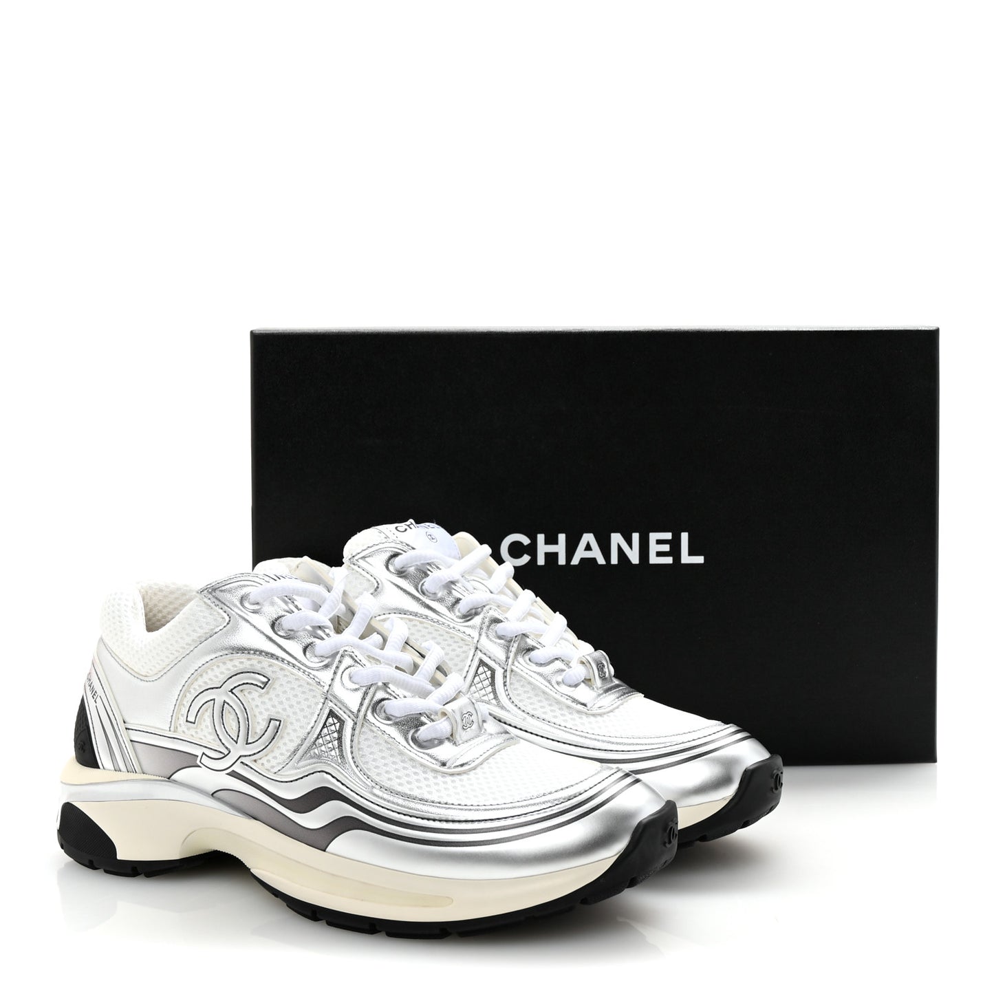 Fabric Laminated Calfskin Stretch CC Womens Sneakers 38.5 Ivory White Silver