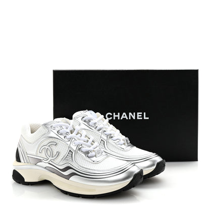 Chanel Fabric Laminated Calfskin Stretch CC Womens Sneakers 38.5 Ivory White Silver 10 of 10