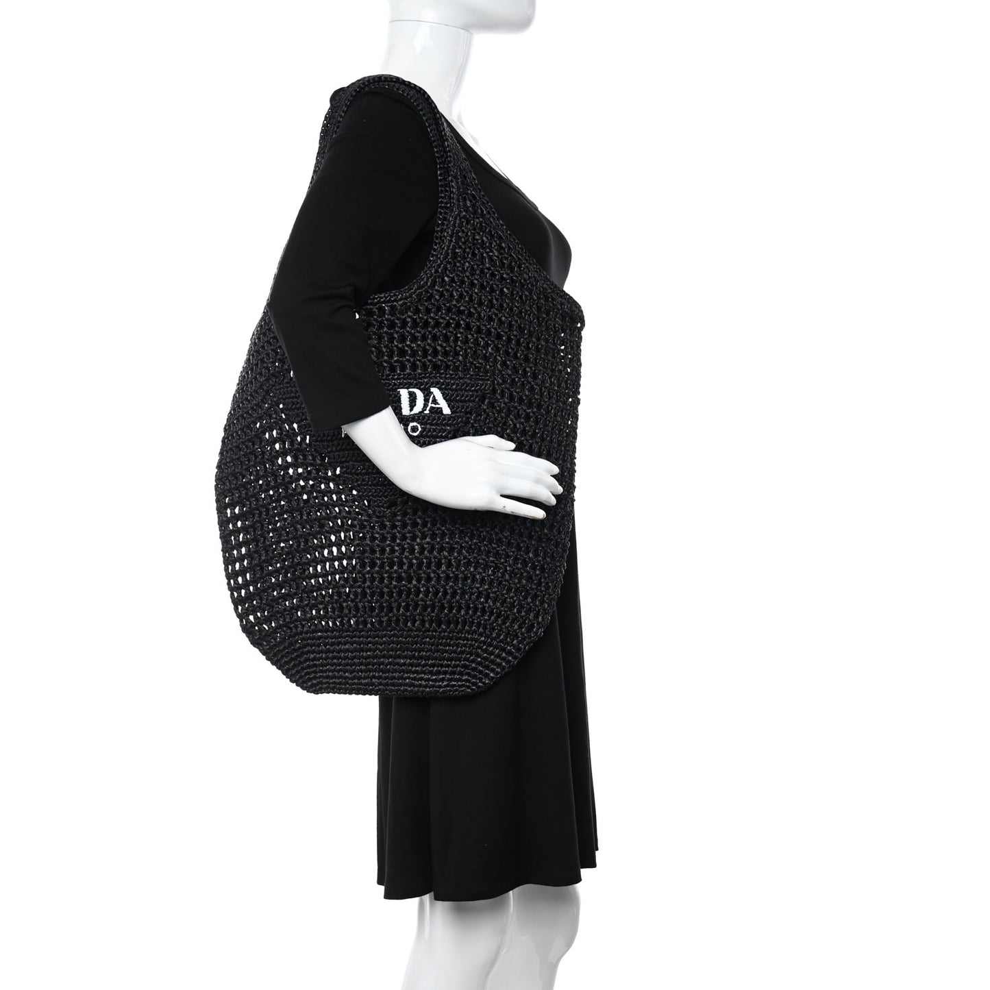 Yarn Raffia Effect Crochet Logo Embroidered Shopping Tote Bag Black