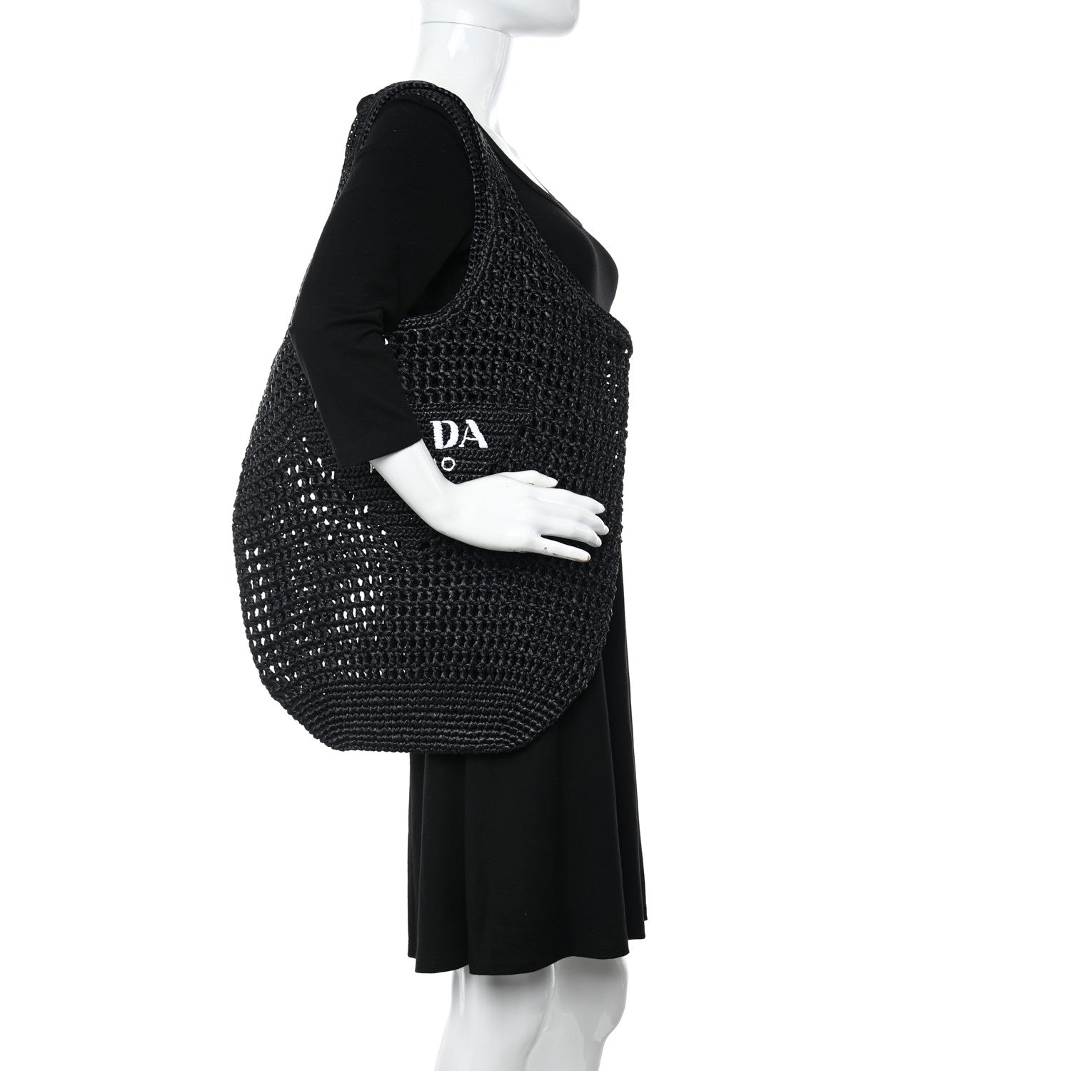 Prada Yarn Raffia Effect Crochet Logo Embroidered Shopping Tote Bag Black 2 of 9