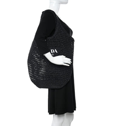 Prada Yarn Raffia Effect Crochet Logo Embroidered Shopping Tote Bag Black 2 of 9