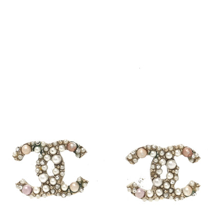 Chanel Pearl Crystal CC Charms Stud Earrings Light Gold Pink 1 of 5