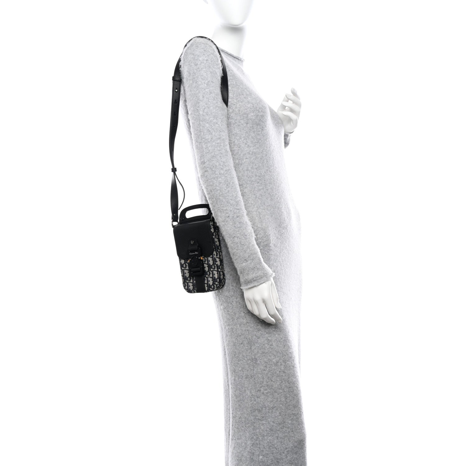 Christian Dior Oblique Grained Calfskin Vertical Saddle Pouch With Strap Beige Black 2 of 11