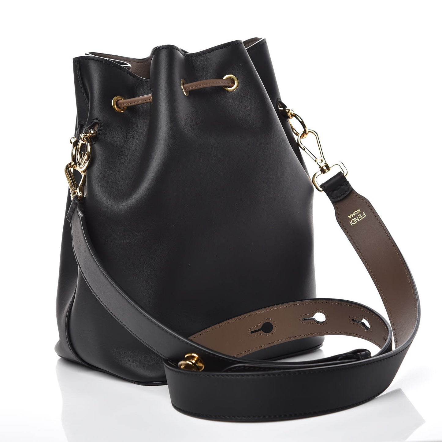 Vitello Century Matte F is Fendi Stamp Patch Bi-Color Grande Mon Tresor Bucket Bag Black Maya Fragola