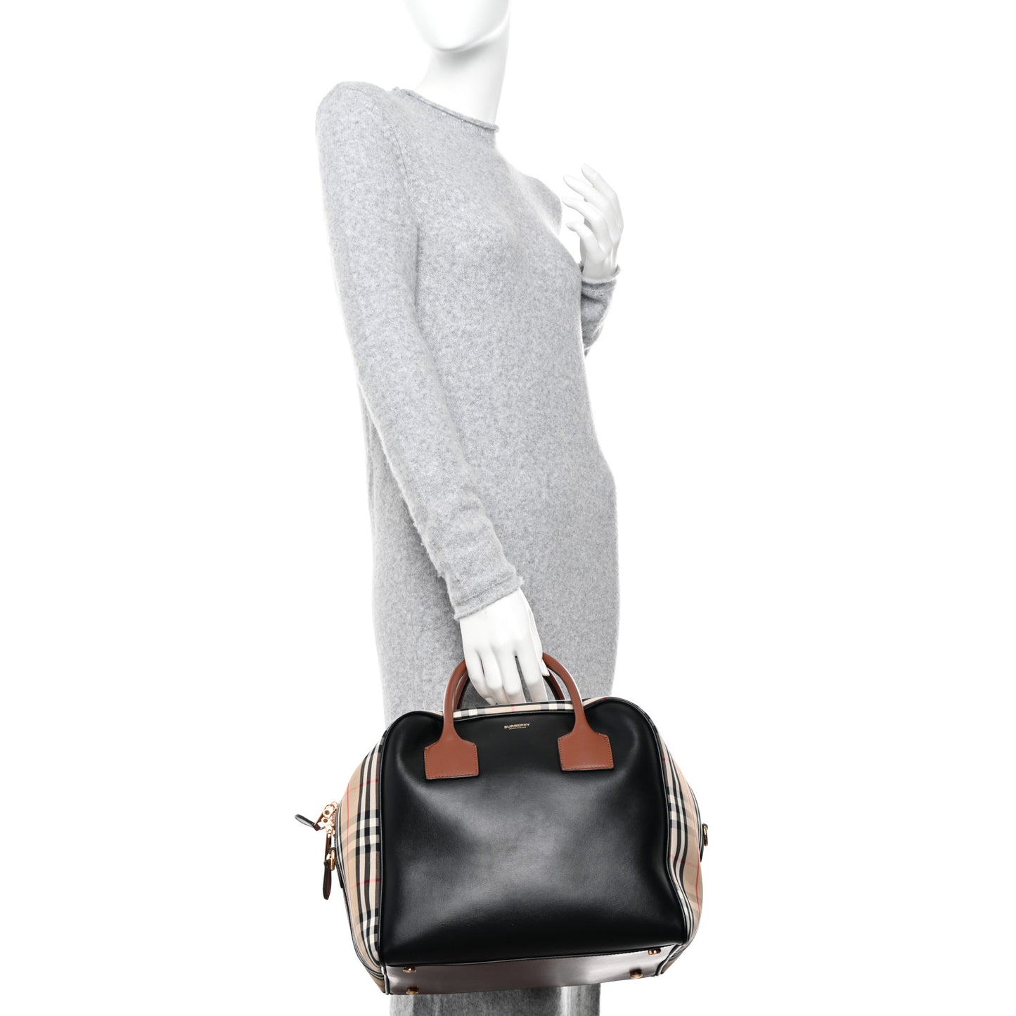 Smooth Calfskin House Check Medium Cube Bowling Bag Archive Beige