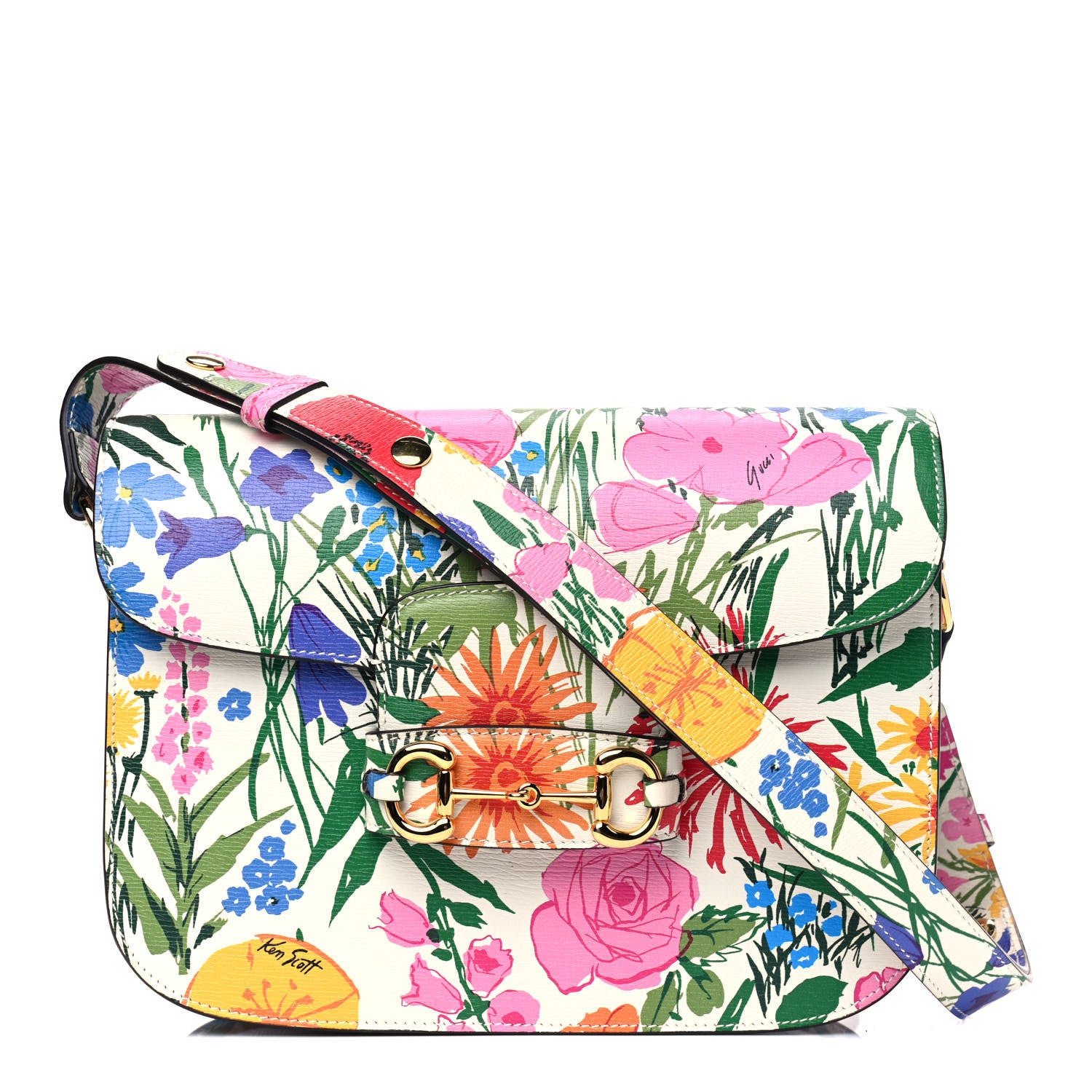 Gucci X KEN SCOTT New Shangai Calfskin Jardin D'Avril Floral Print Horsebit 1955 Shoulder Bag Ivory Pink Wild Rose 1 of 4