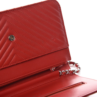 Chanel Caviar Chevron Quilted Wallet On Chain WOC Red 12 of 13