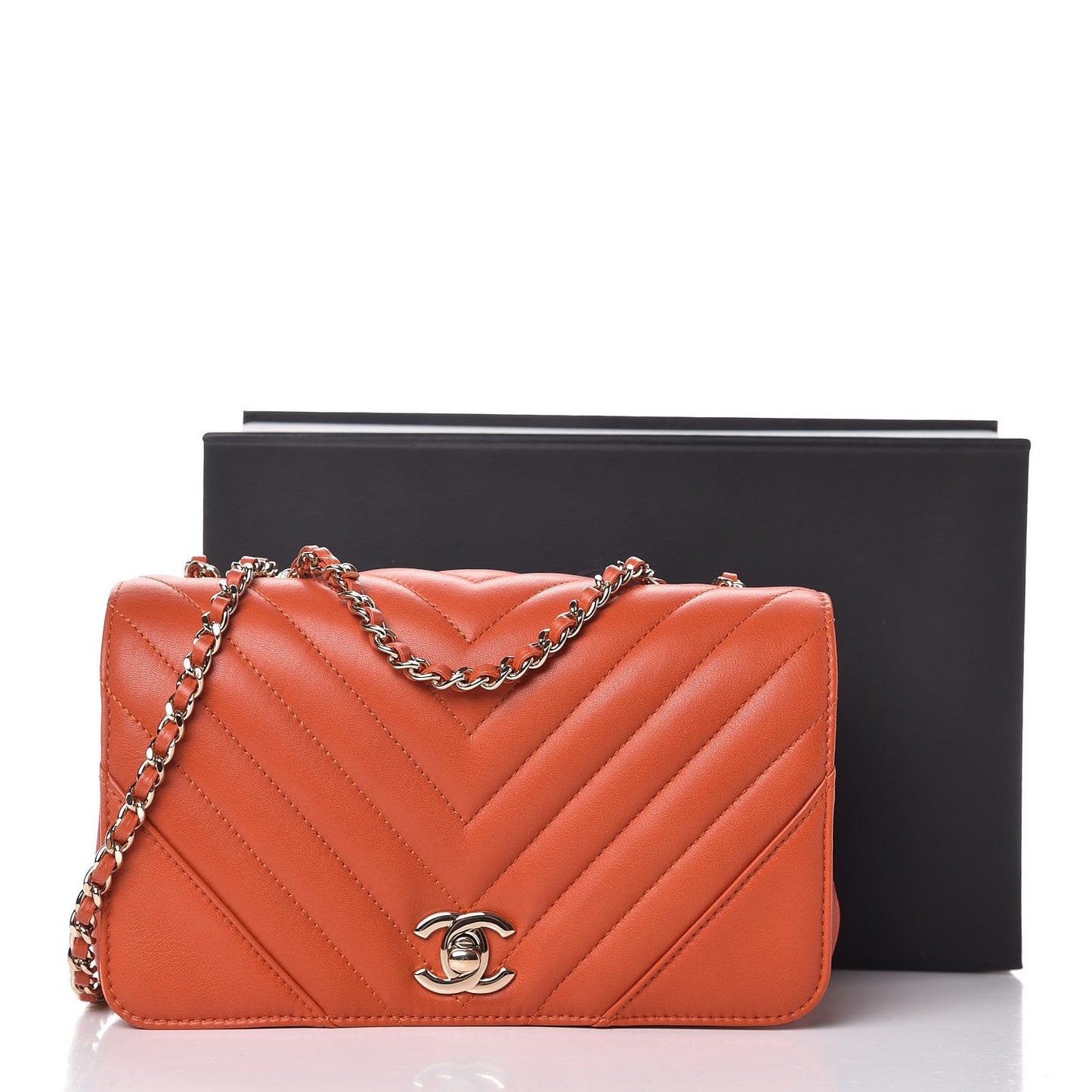Calfskin Chevron Quilted Mini Statement Flap Dark Orange