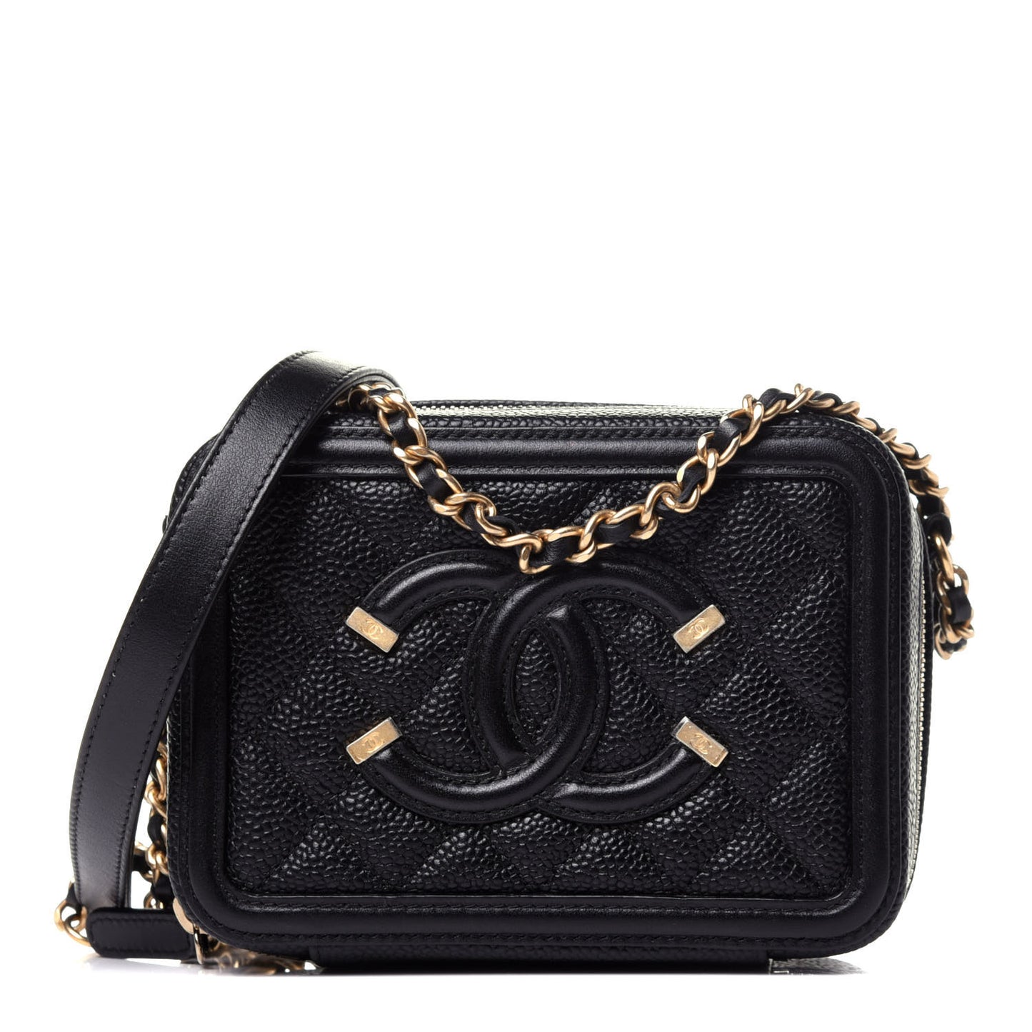 Caviar Quilted CC Filigree Vanity Clutch With Chain Black
