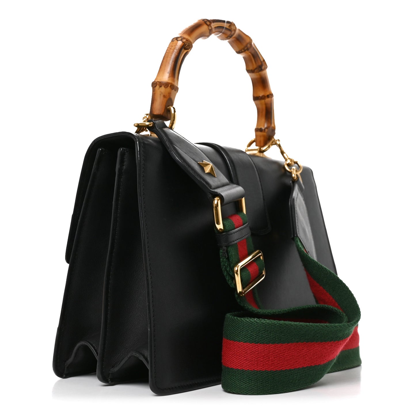 Moon Calfskin Bamboo Web Medium Dionysus Top Handle Bag Black Bright Evergreen Hibiscus Red