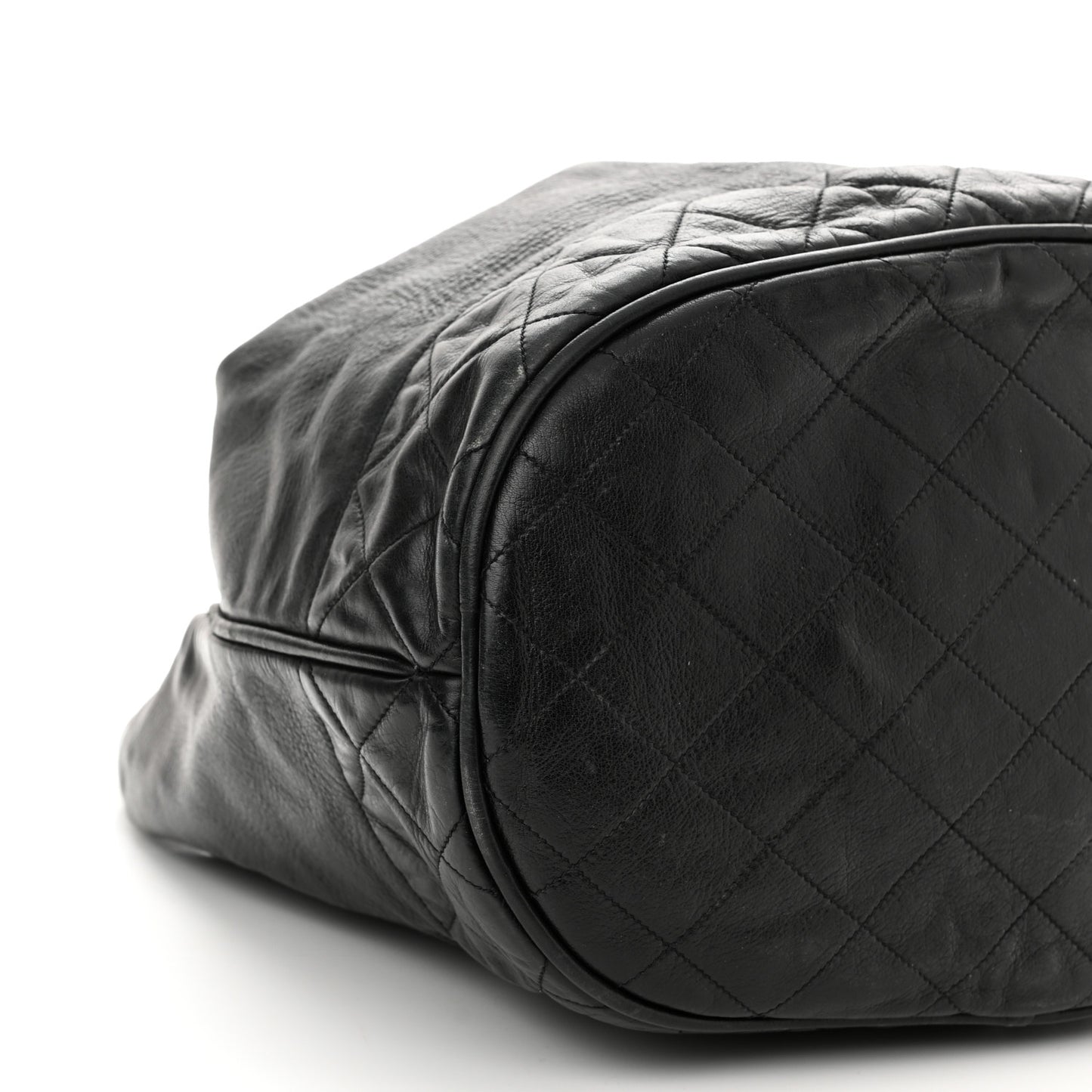 Grained Calfskin Lambskin Quilted Drawstring Bucket Bag Black