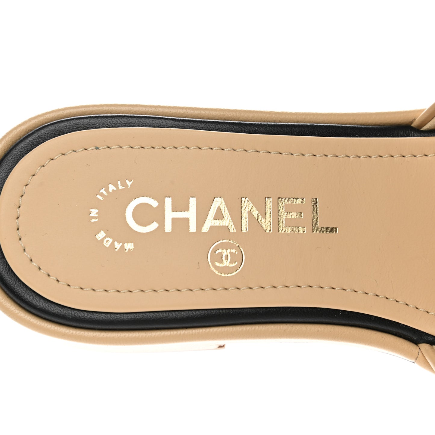 Lambskin Embroidered CC Mule Sandal 35 Beige Black