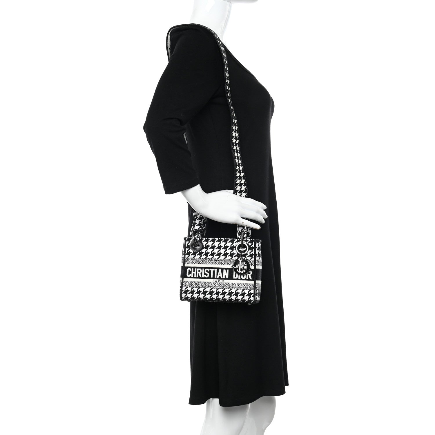 Christian Dior Canvas Houndstooth Embroidered Mini Lady D-Lite Black White 2 of 11