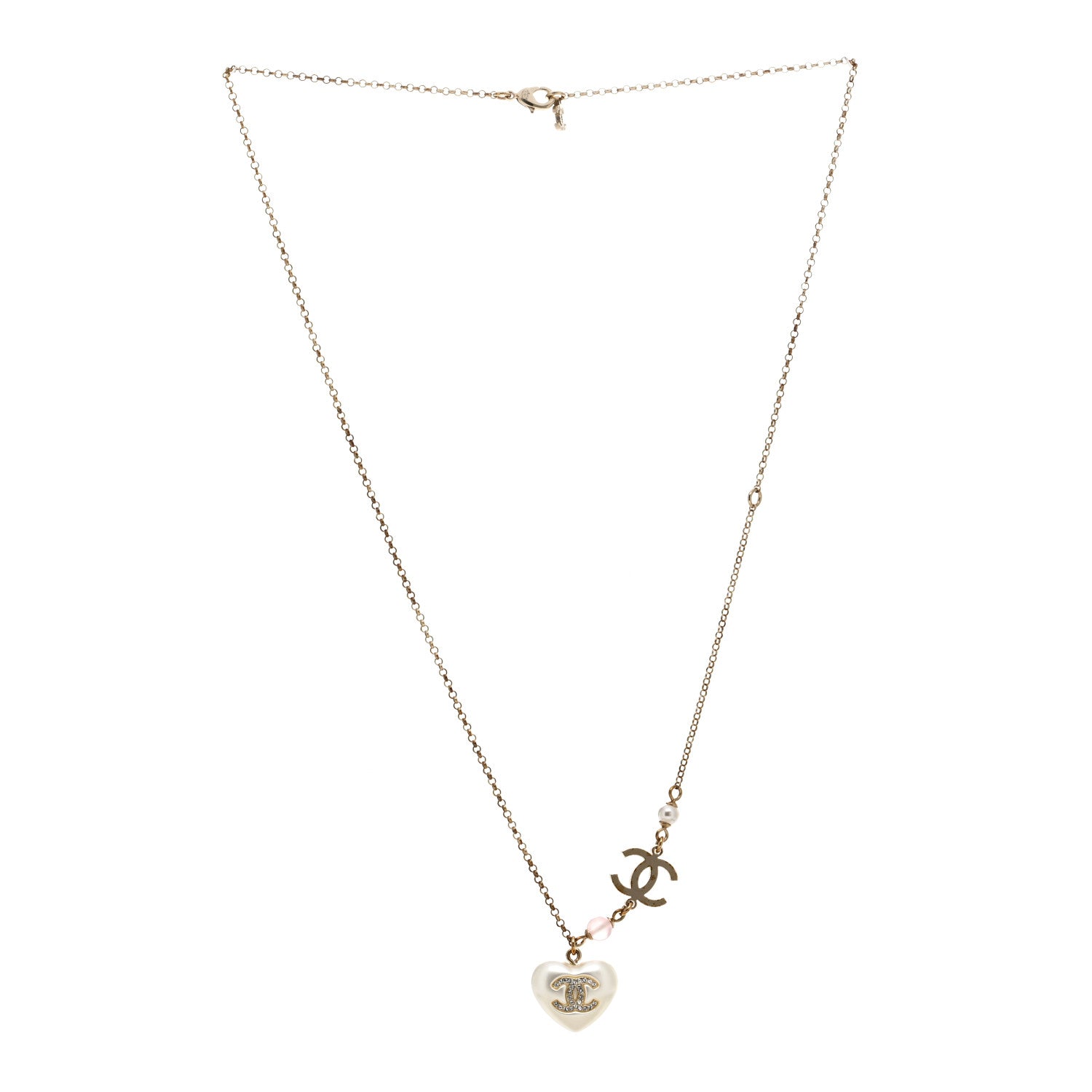 Chanel Resin Crystal CC Heart Necklace Pearly White Gold 2 of 4