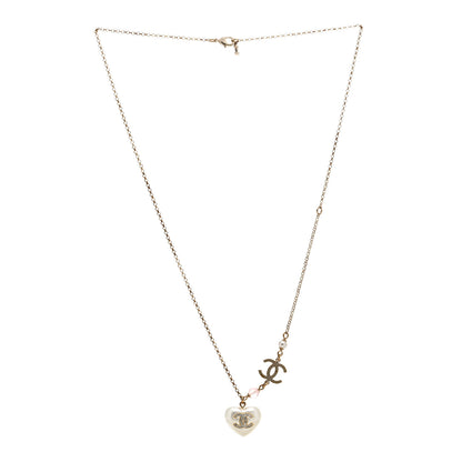 Chanel Resin Crystal CC Heart Necklace Pearly White Gold 2 of 4