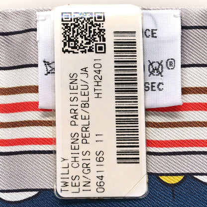 Hermes Silk Les Chiens Parisiens Twilly Gris Perle Bleu Jaune 3 of 4