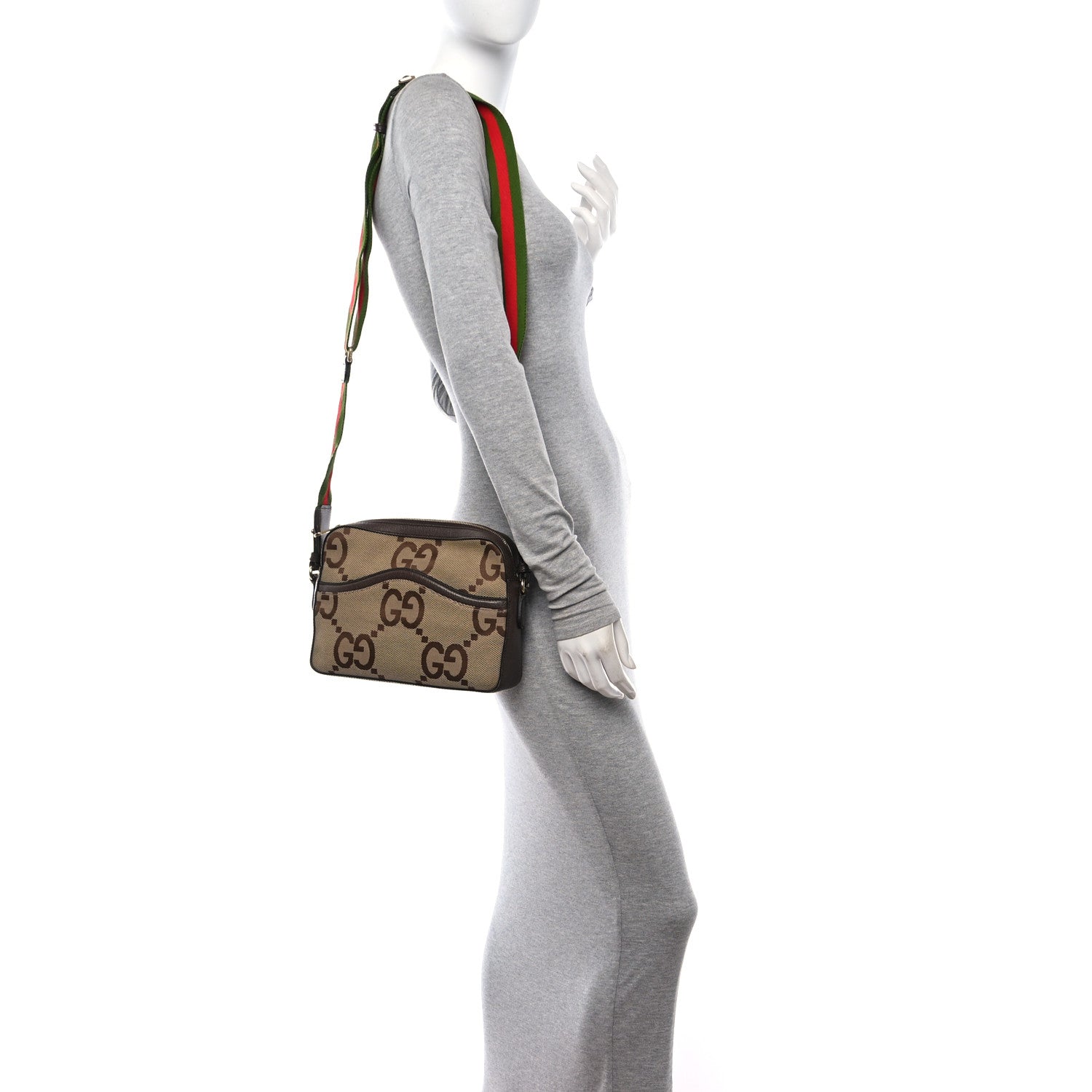 Gucci Monogram Jumbo GG Textured Dollar Calfskin Web Messenger Shoulder Bag Camel Ebony New Acero 2 of 11