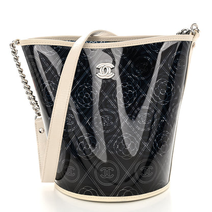 Chanel Crumpled Calfskin PVC Camellia Coco Bucket Bag Black White 3 of 13