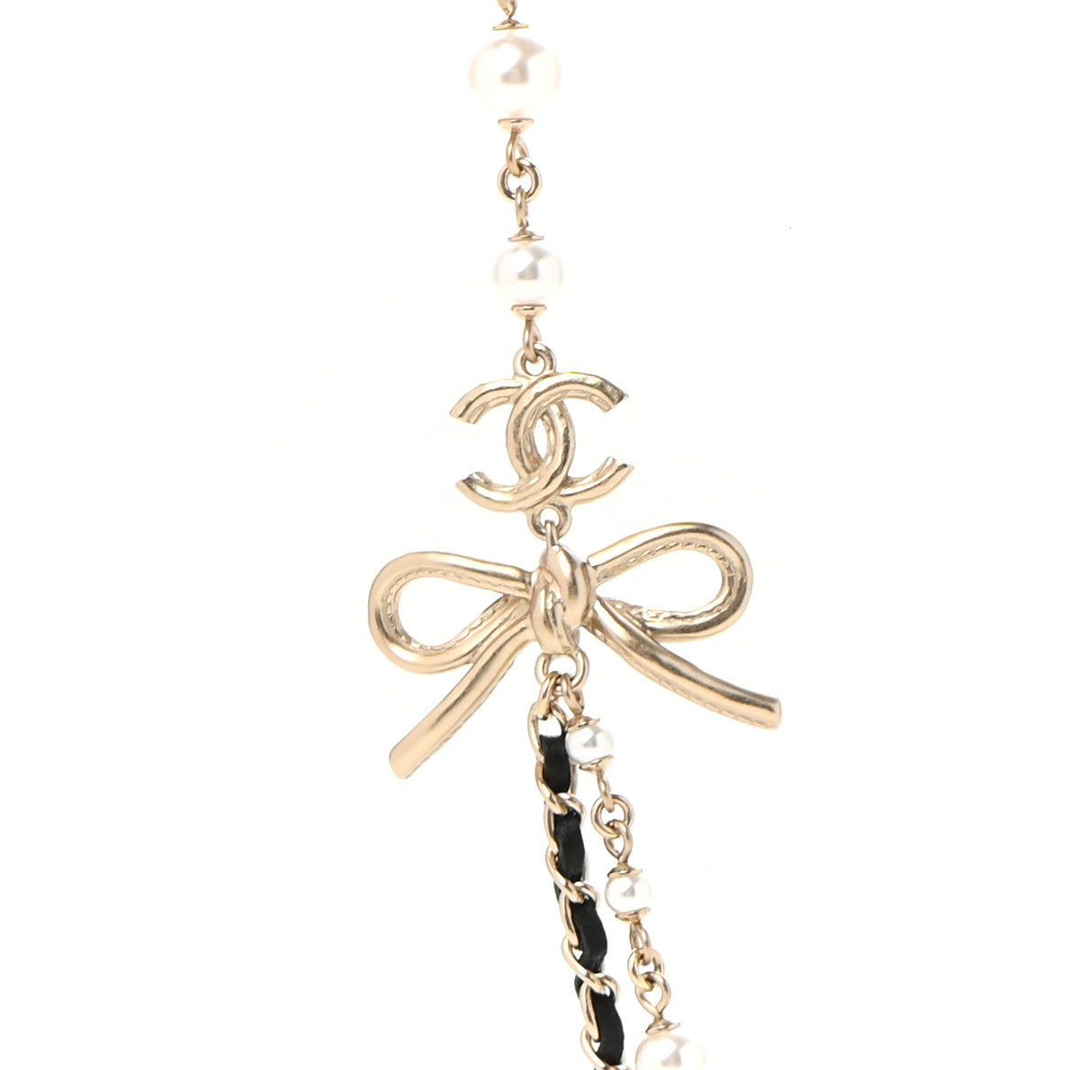 Chanel Calfskin Pearl Metal CC Bow Necklace Gold White Black 4 of 6