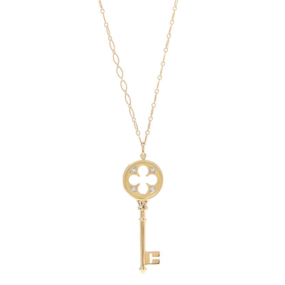 Tiffany 18K Yellow Gold Diamond Quatrefoil Key Pendant Necklace 1 of 6