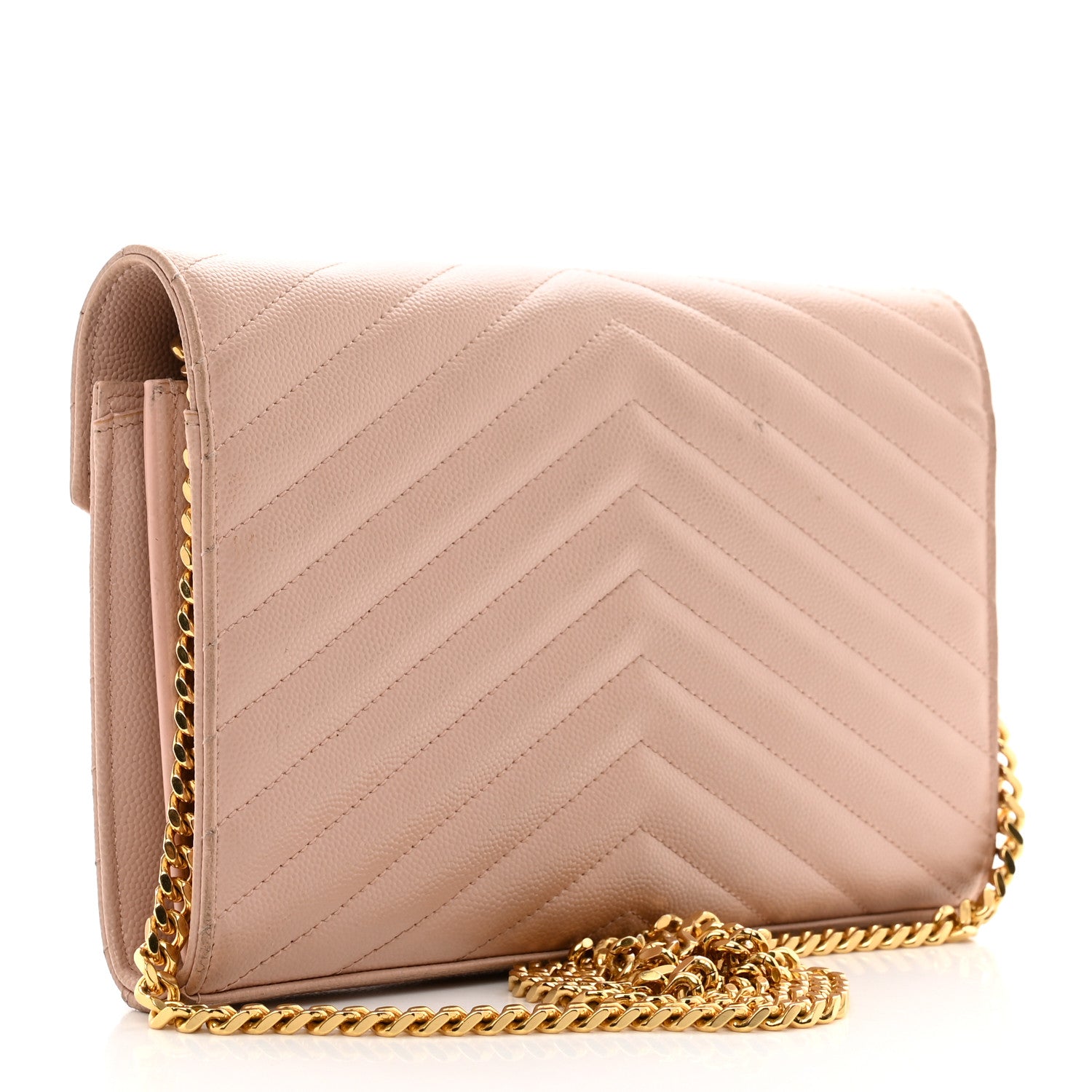 Saint Laurent Grain De Poudre Matelasse Chevron Monogram Chain Wallet Pale Blush 3 of 14