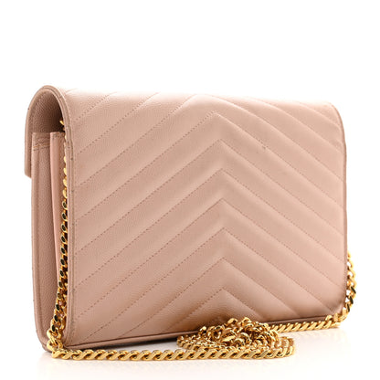 Saint Laurent Grain De Poudre Matelasse Chevron Monogram Chain Wallet Pale Blush 3 of 14