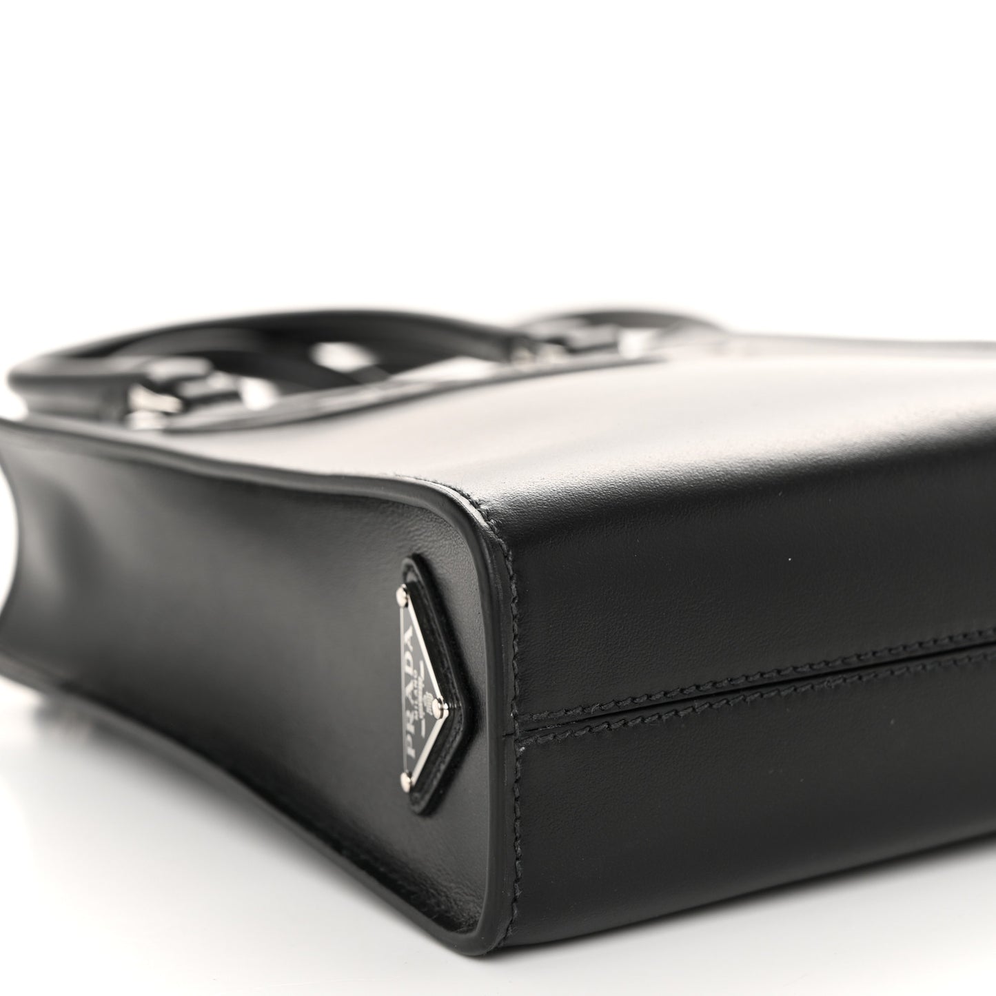 Soft Calfskin Triangle Logo Embossed Small Double Handle Crossbody Tote Black