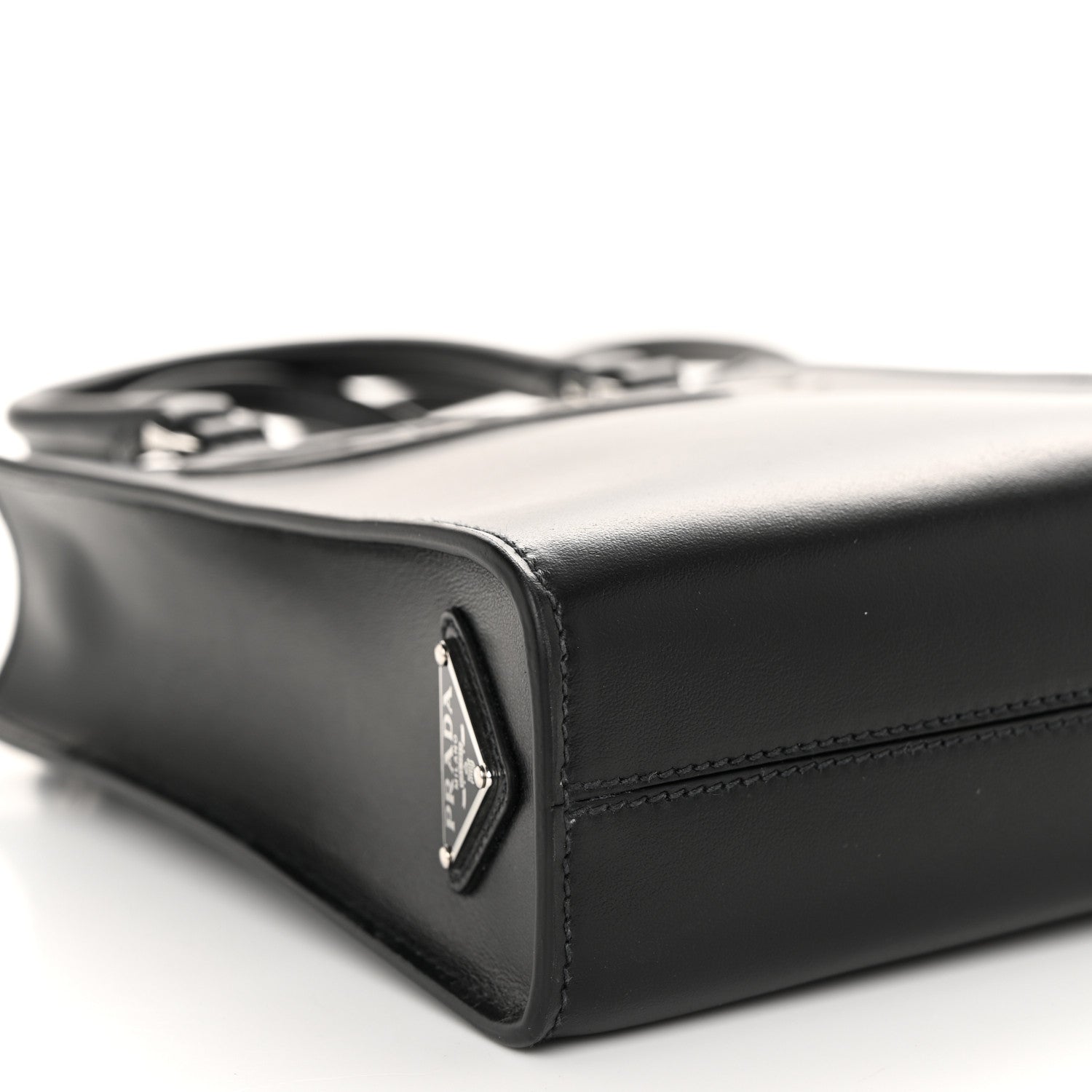 Prada Soft Calfskin Triangle Logo Embossed Small Double Handle Crossbody Tote Black 9 of 10