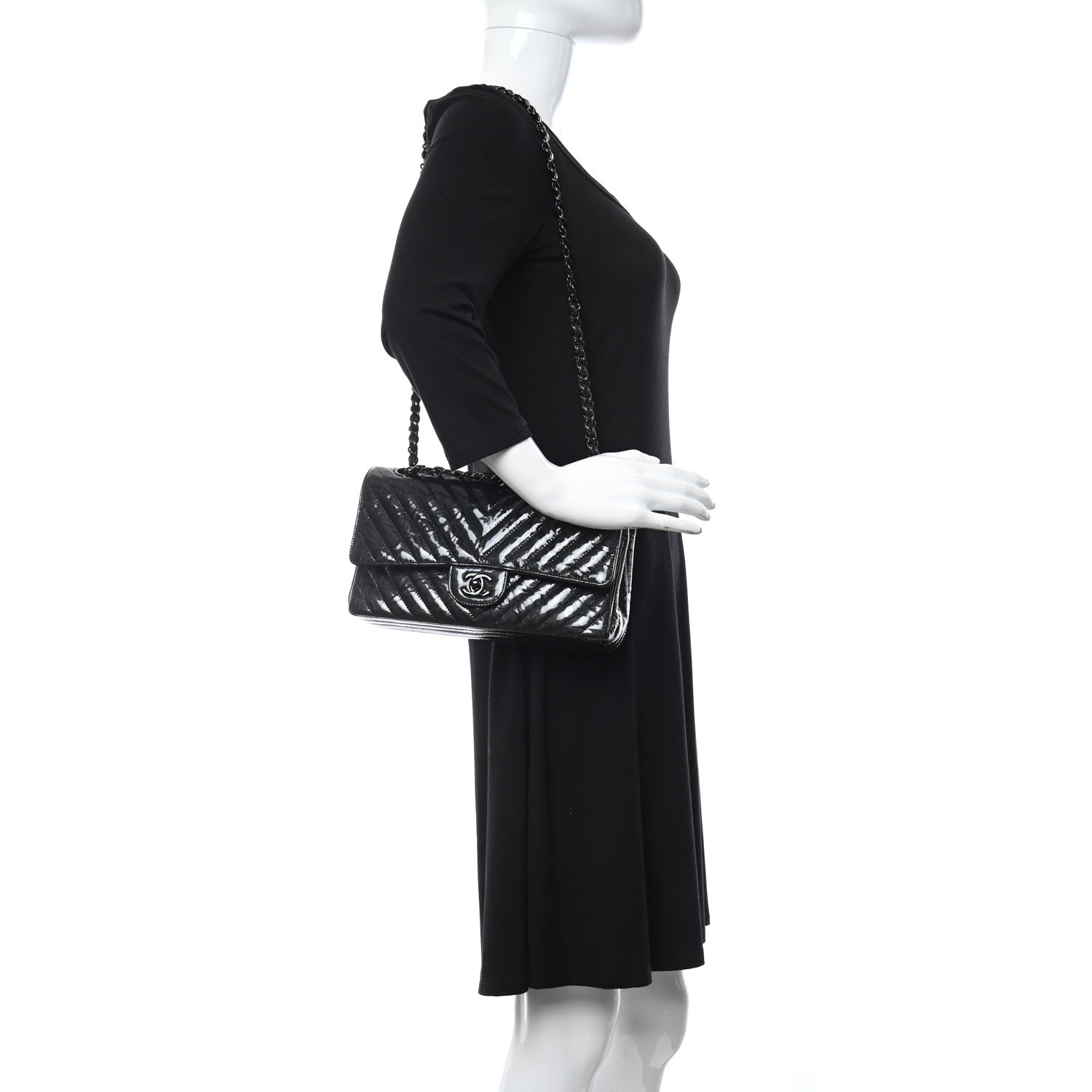 Chanel Metallic Patent Crumpled Calfskin Chevron Quilted Medium Double Flap So Black 2 of 11