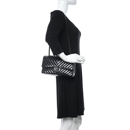 Chanel Metallic Patent Crumpled Calfskin Chevron Quilted Medium Double Flap So Black 2 of 11